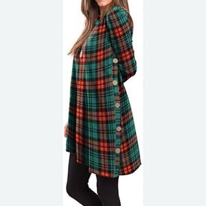 IGENJUN WOMEN'S LONG SLEEVE SCOOP NECK BUTTON SIDE TUNIC DRESS / 2XL